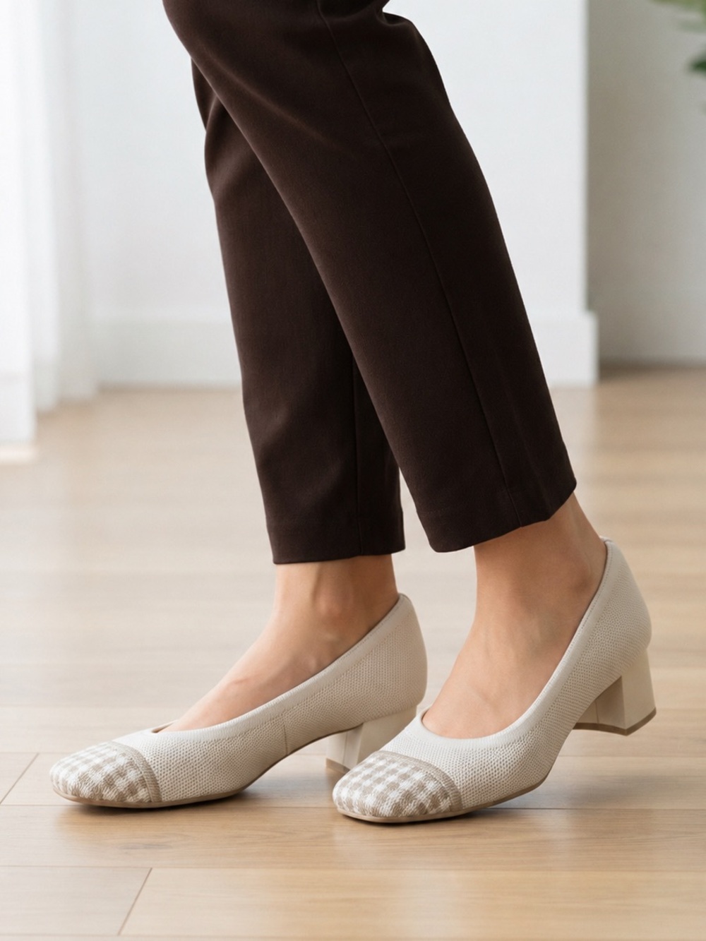 BURUDANI Dream Pairs apricot knit block heel pump pattern square toe shoe 6 tan